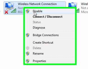 Windows 7 Wireless Network Connection, Toggle Enable Disable
